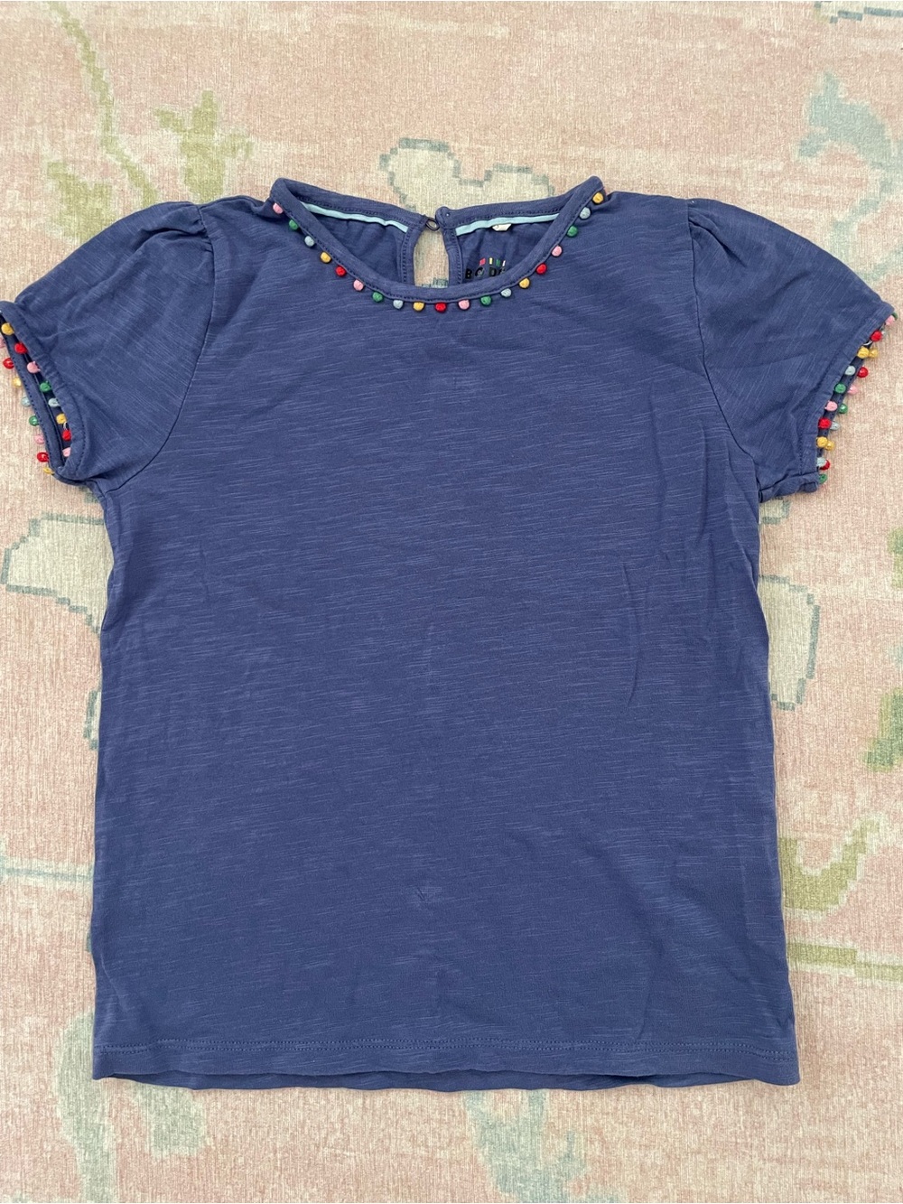 Mini Boden Girls Blue Short Sleeve Shirt with PomPom Detail (size 6-7Y)